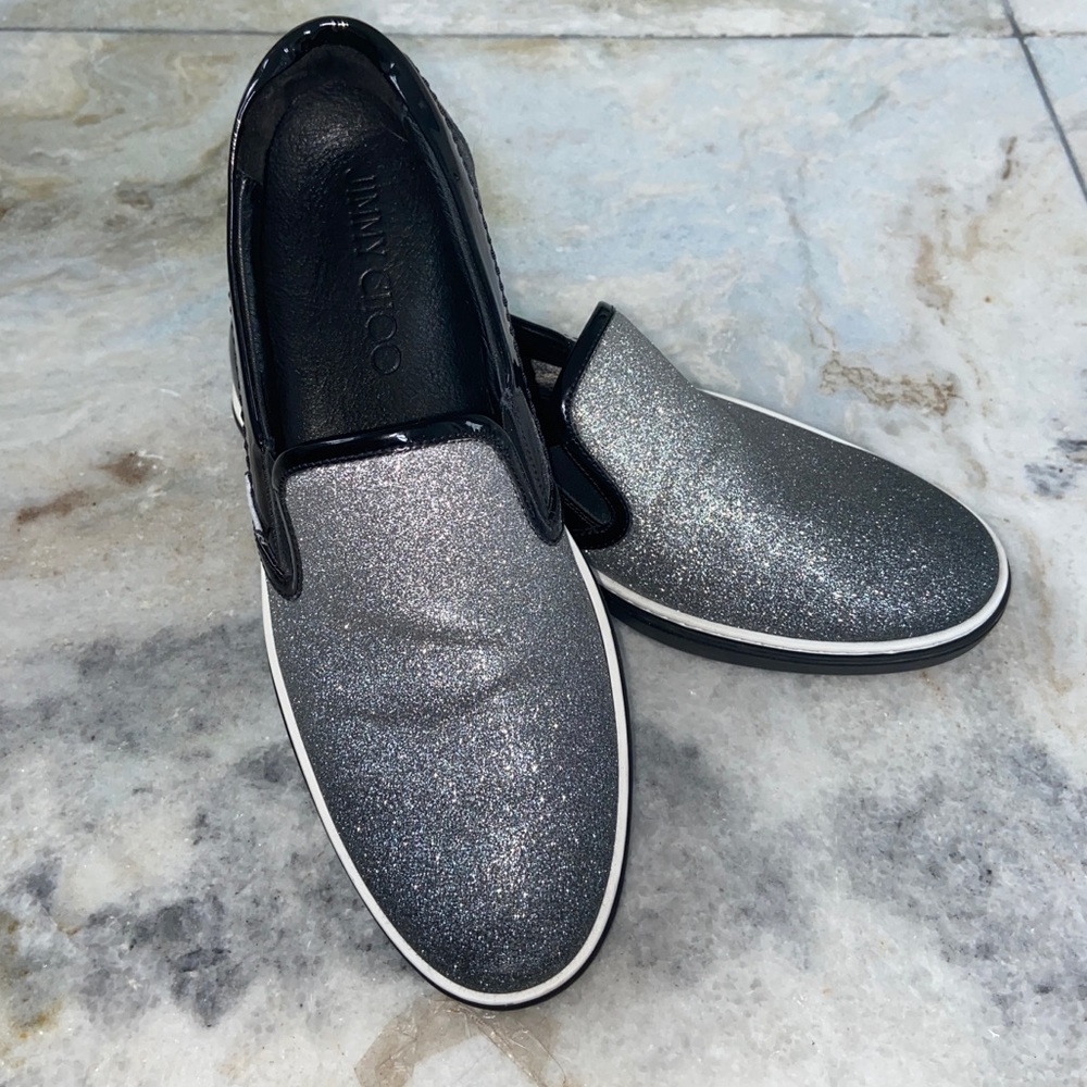 NWOT Jimmy Choo Silver Metallic Glitter Loafers